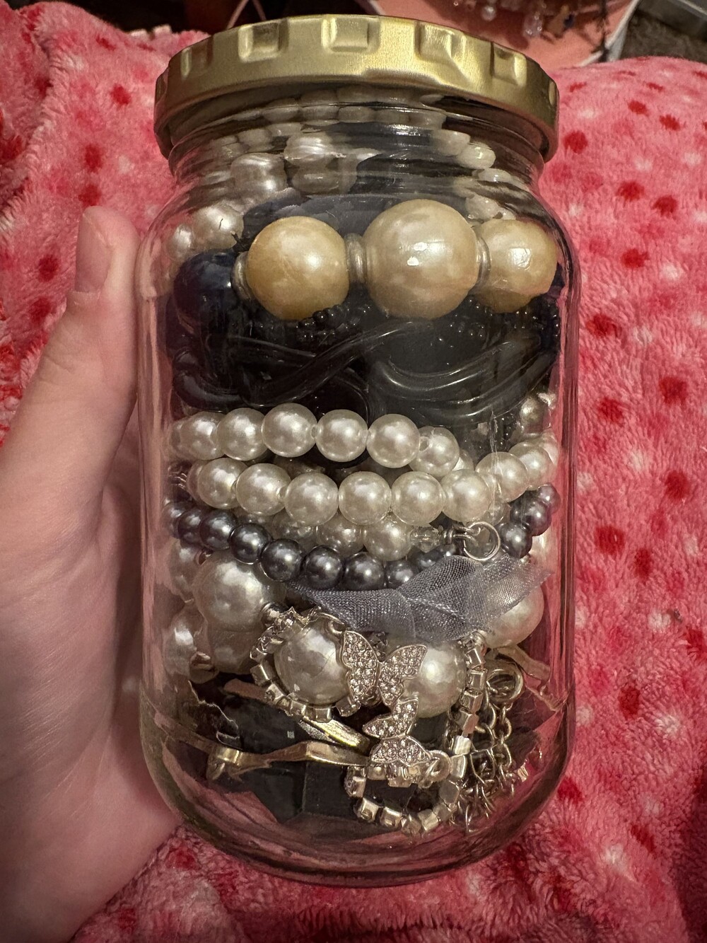 Costume Jewelry Assorted Jewelry Lot in Glass Jar with Gold Lid